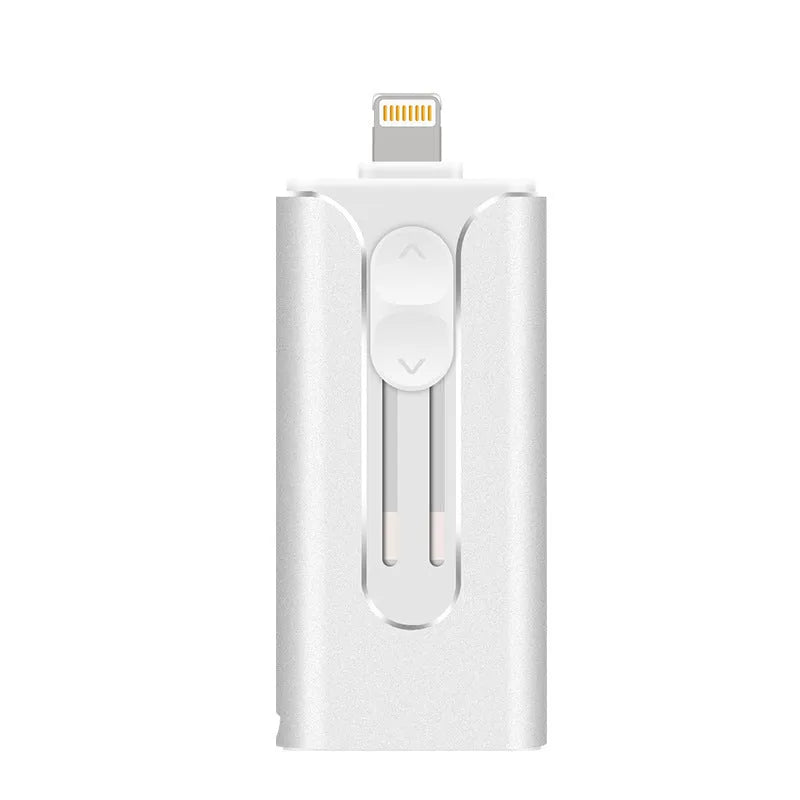 Metal USB flash drive with both USB and Apple Lightning connectors shown in black finish.