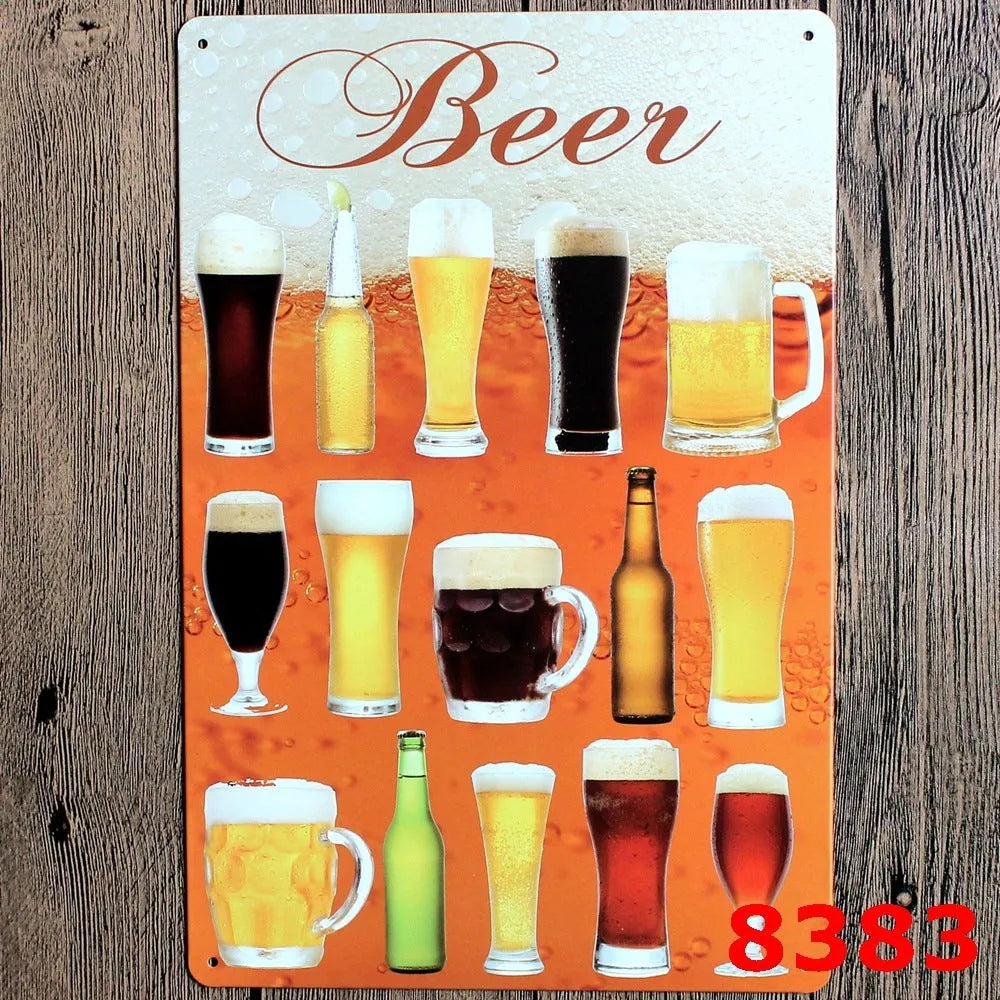 Vintage tin painting metal wall sign with barbecue hamburger and beer retro artwork, 20x30cm.