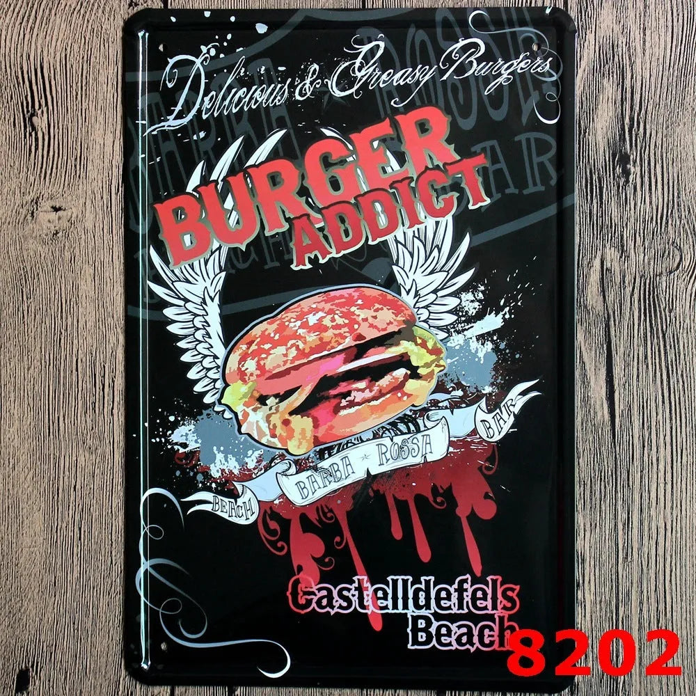 Vintage tin painting metal wall sign with barbecue hamburger and beer retro artwork, 20x30cm.