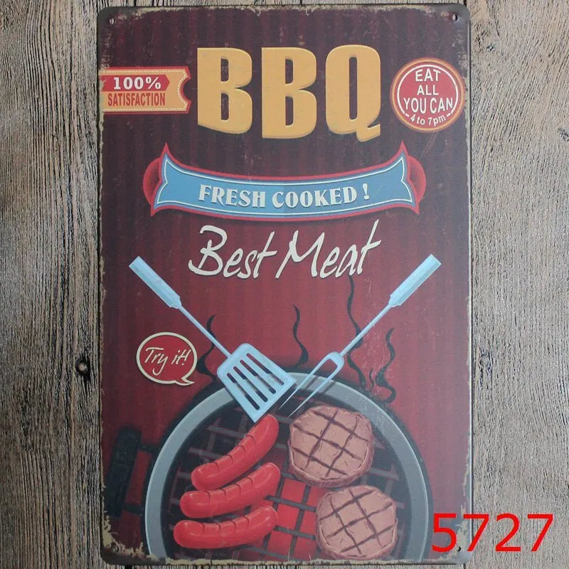 Vintage tin painting metal wall sign with barbecue hamburger and beer retro artwork, 20x30cm.