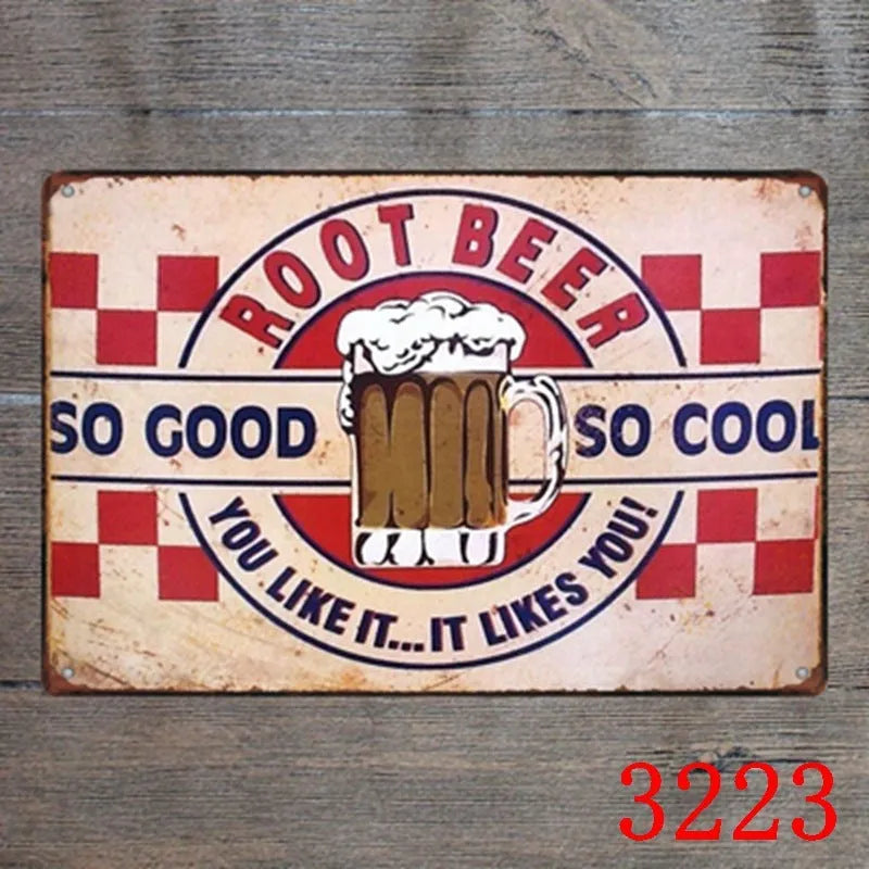 Vintage tin painting metal wall sign with barbecue hamburger and beer retro artwork, 20x30cm.