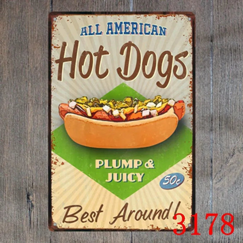 Vintage tin painting metal wall sign with barbecue hamburger and beer retro artwork, 20x30cm.