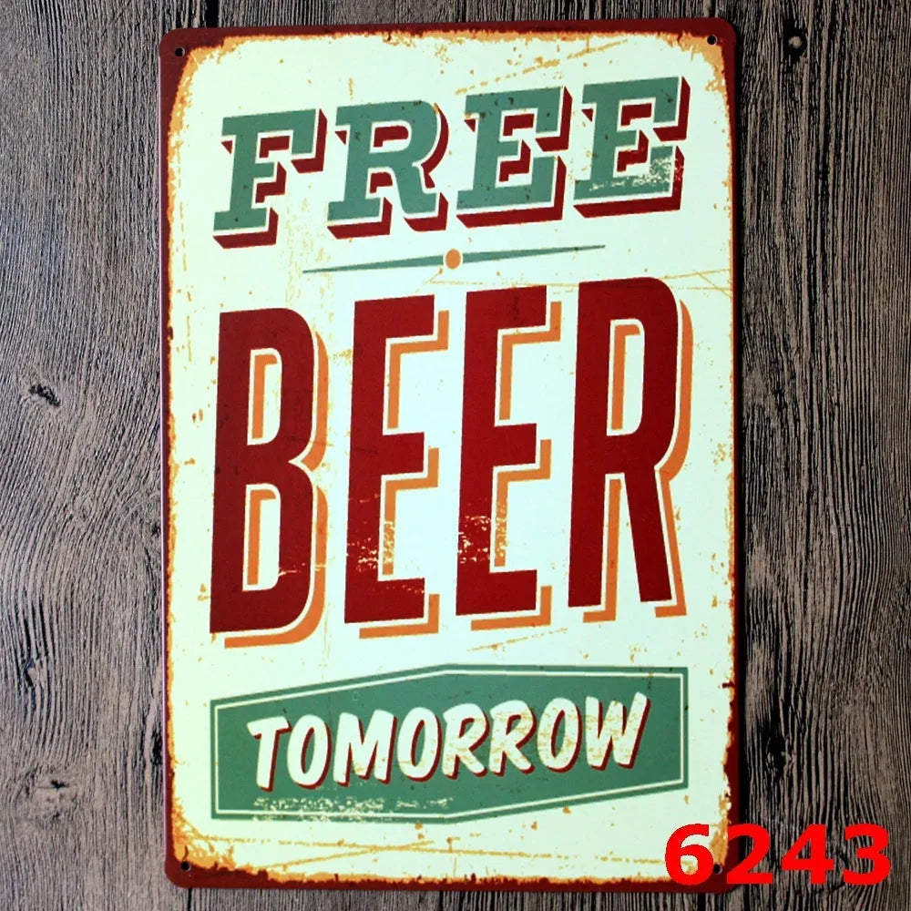 Vintage tin painting metal wall sign with barbecue hamburger and beer retro artwork, 20x30cm.