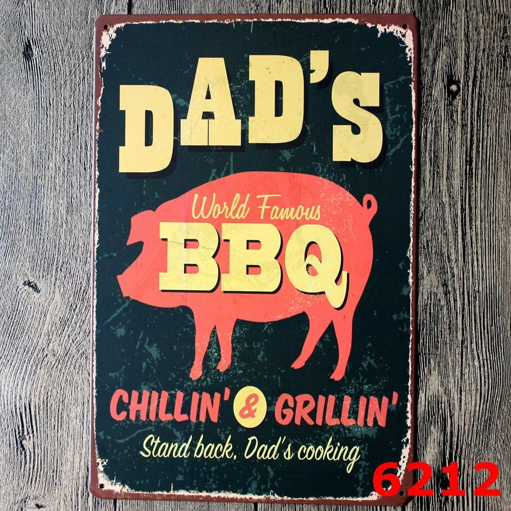 Vintage tin painting metal wall sign with barbecue hamburger and beer retro artwork, 20x30cm.