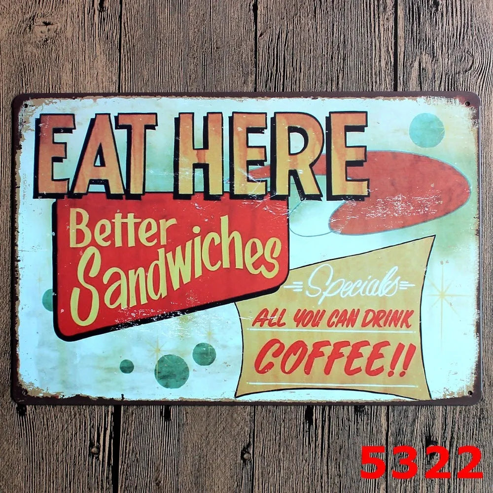 Vintage tin painting metal wall sign with barbecue hamburger and beer retro artwork, 20x30cm.