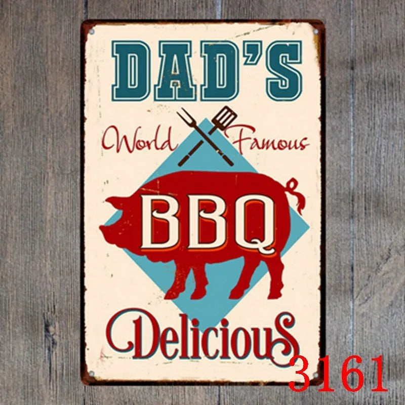 Vintage tin painting metal wall sign with barbecue hamburger and beer retro artwork, 20x30cm.