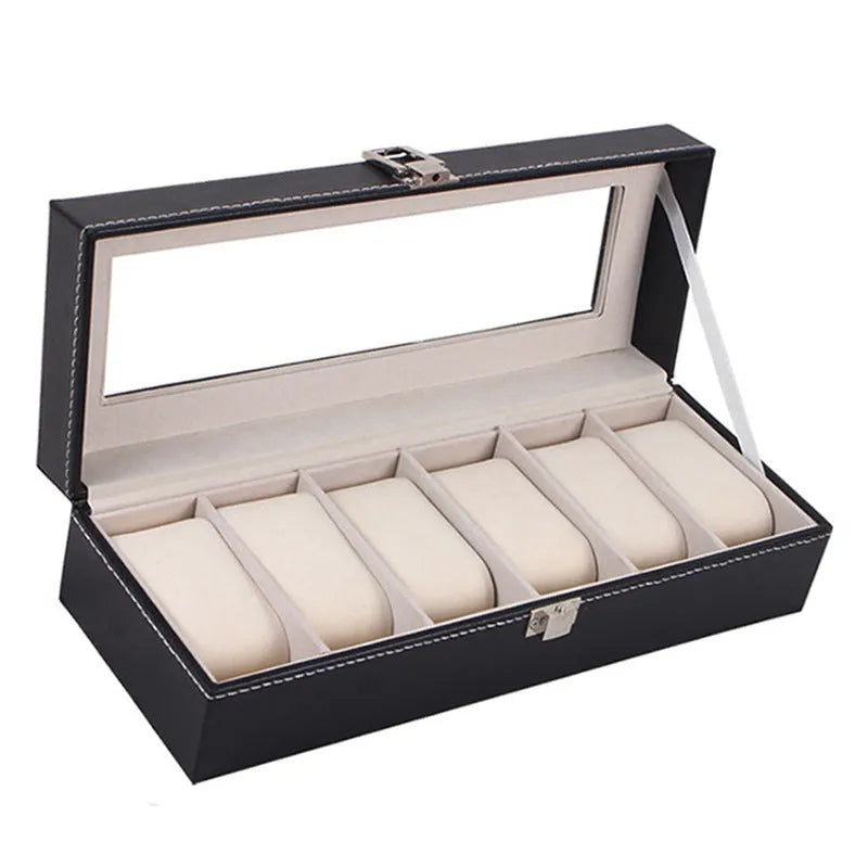 Black wooden watch display box with six viewing windows, showing dimensions.