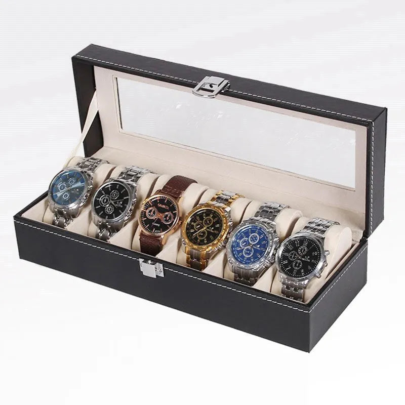 Black wooden watch display box with six viewing windows, showing dimensions.