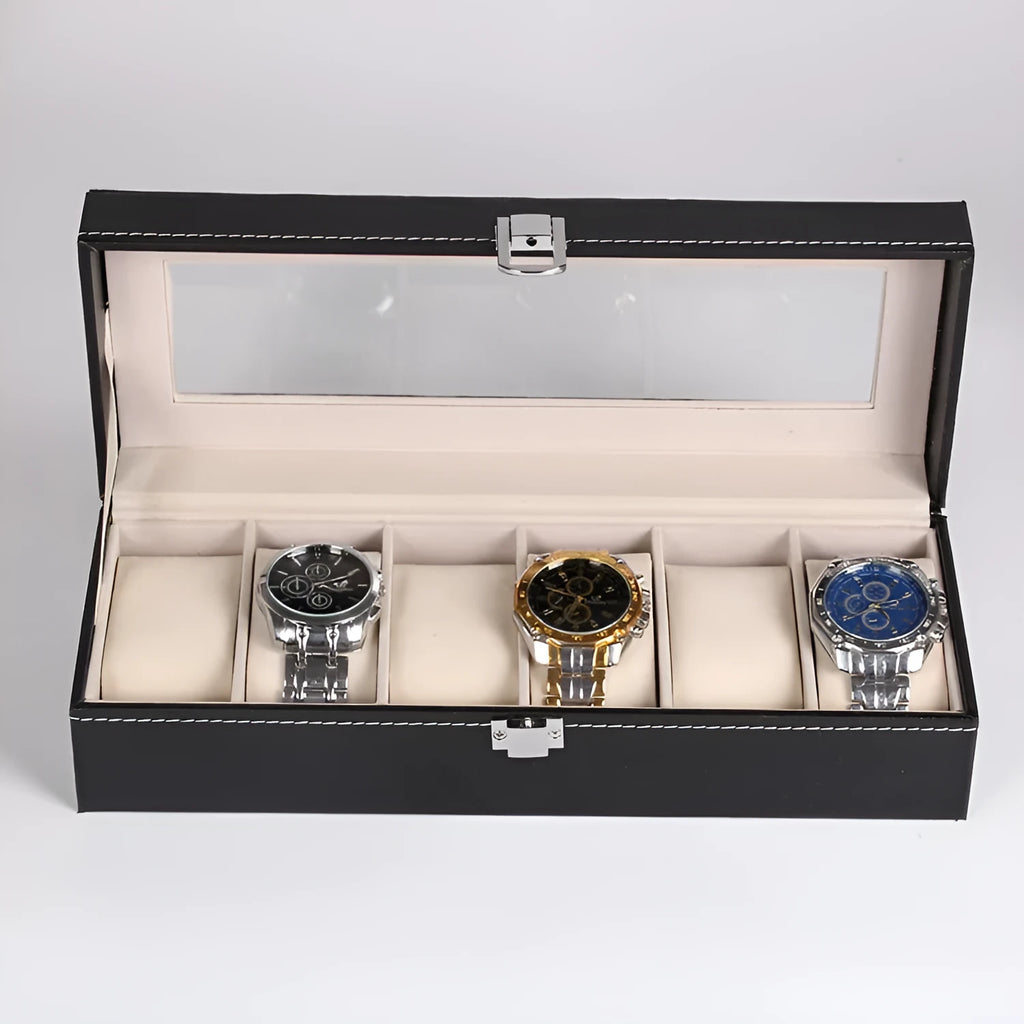 Black wooden watch display box with six viewing windows, showing dimensions.