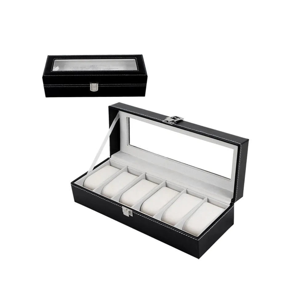 Black wooden watch display box with six viewing windows, showing dimensions.
