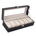 Black wooden watch display box with six viewing windows, showing dimensions.