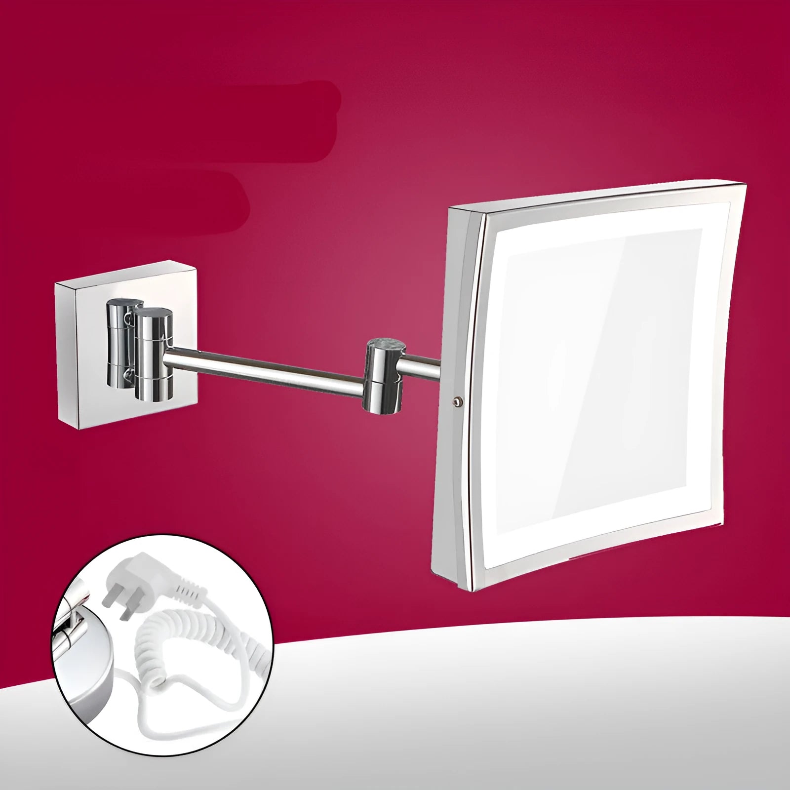 8.5 inch round silver makeup mirror with stainless steel folding frame in choice of four finishes