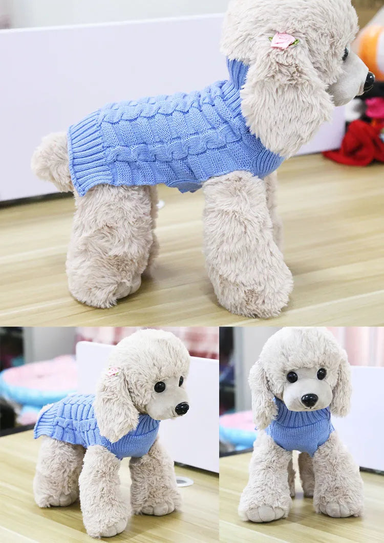 A blue cashmere twisted rope design wool sweater for a dog, shown on a size chart with measurements.