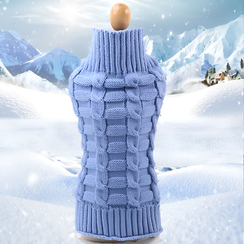A blue cashmere twisted rope design wool sweater for a dog, shown on a size chart with measurements.
