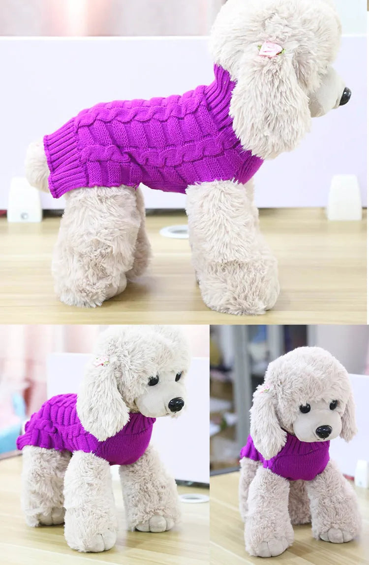 A blue cashmere twisted rope design wool sweater for a dog, shown on a size chart with measurements.