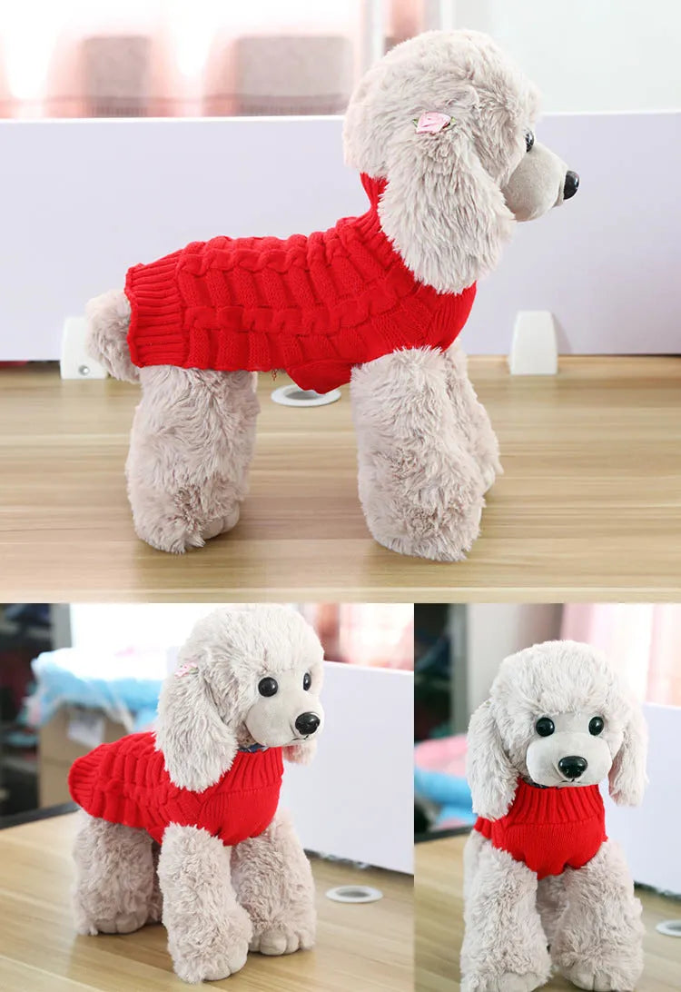 A blue cashmere twisted rope design wool sweater for a dog, shown on a size chart with measurements.