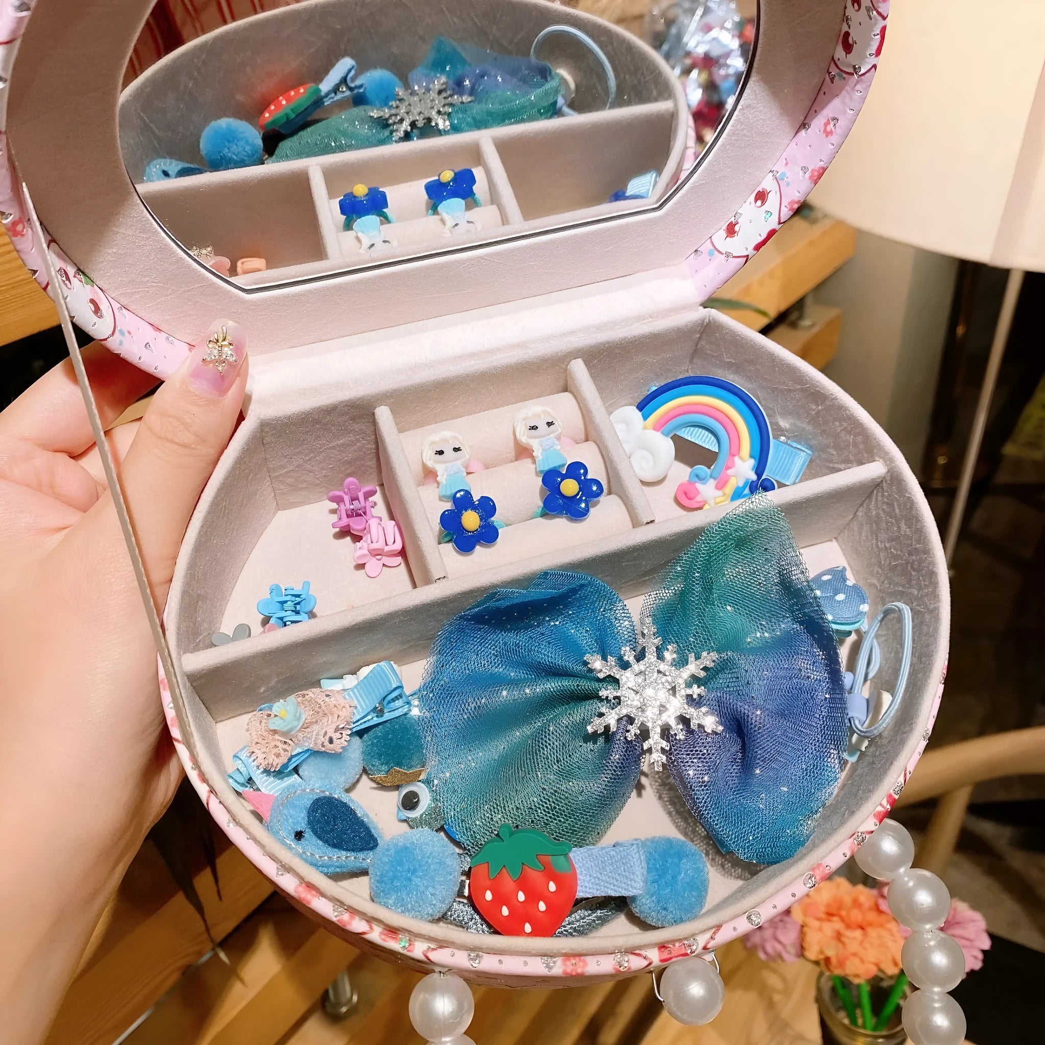 Children's cartoon hair clip headdress set with 26 cloth accessories in gift storage box