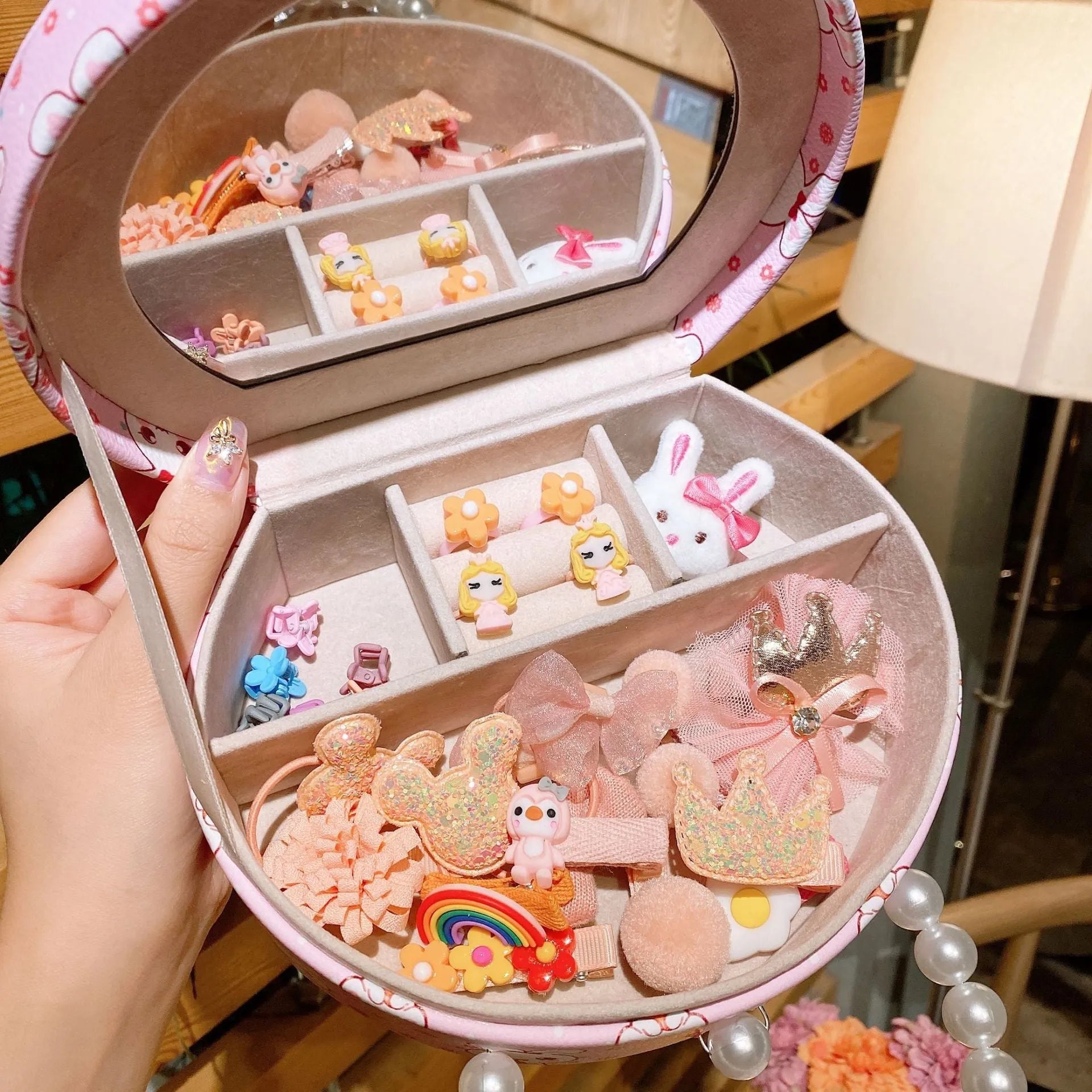 Children's cartoon hair clip headdress set with 26 cloth accessories in gift storage box