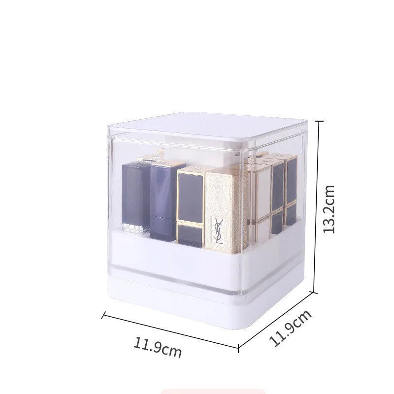 Press lift lipstick storage box with transparent body and hinged dust-proof lid in pink colour