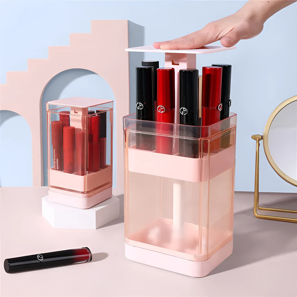 Press lift lipstick storage box with transparent body and hinged dust-proof lid in pink colour