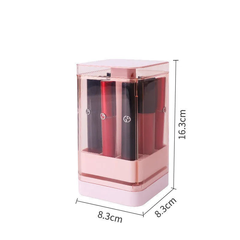 Press lift lipstick storage box with transparent body and hinged dust-proof lid in pink colour