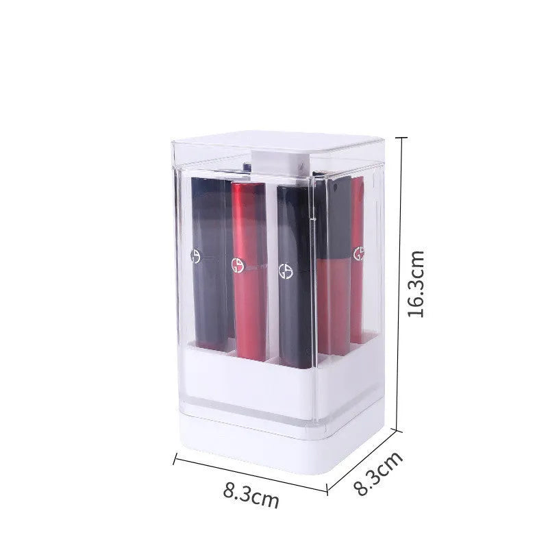 Press lift lipstick storage box with transparent body and hinged dust-proof lid in pink colour