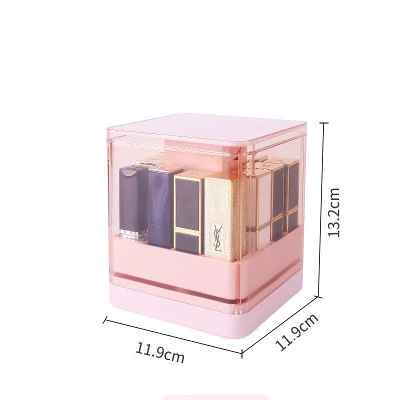 Press lift lipstick storage box with transparent body and hinged dust-proof lid in pink colour