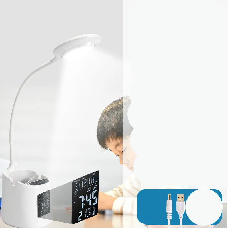 White desk lamp with eye protection features and USB power connection for study spaces