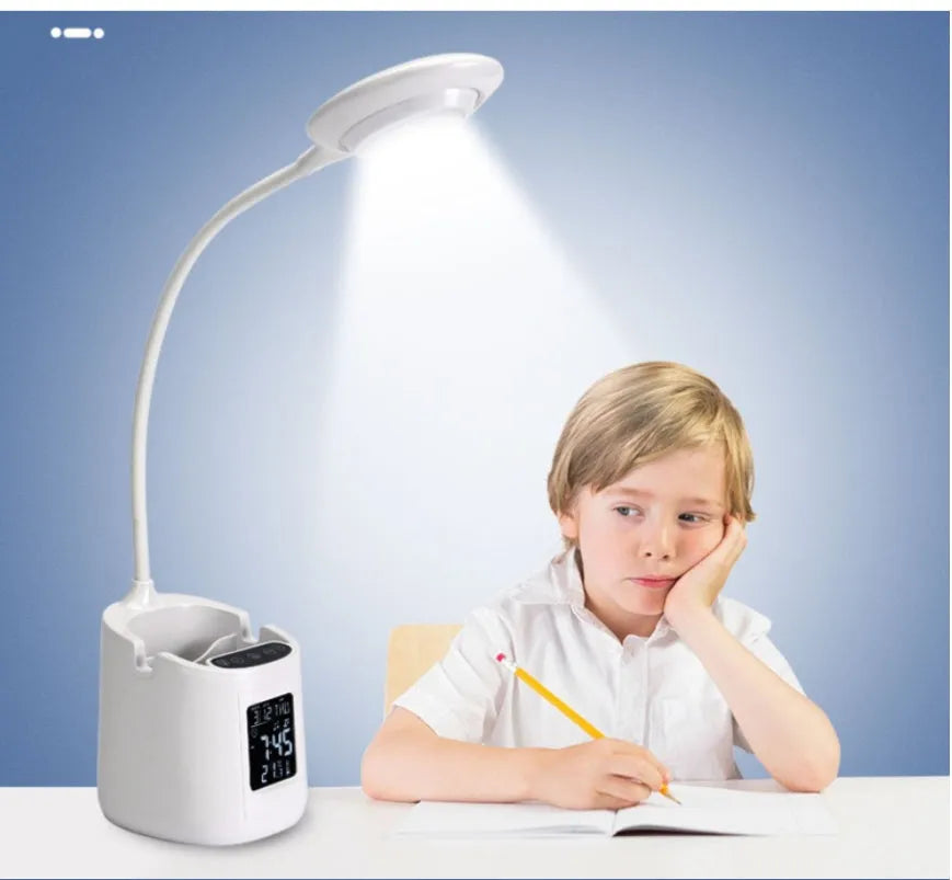 White desk lamp with eye protection features and USB power connection for study spaces
