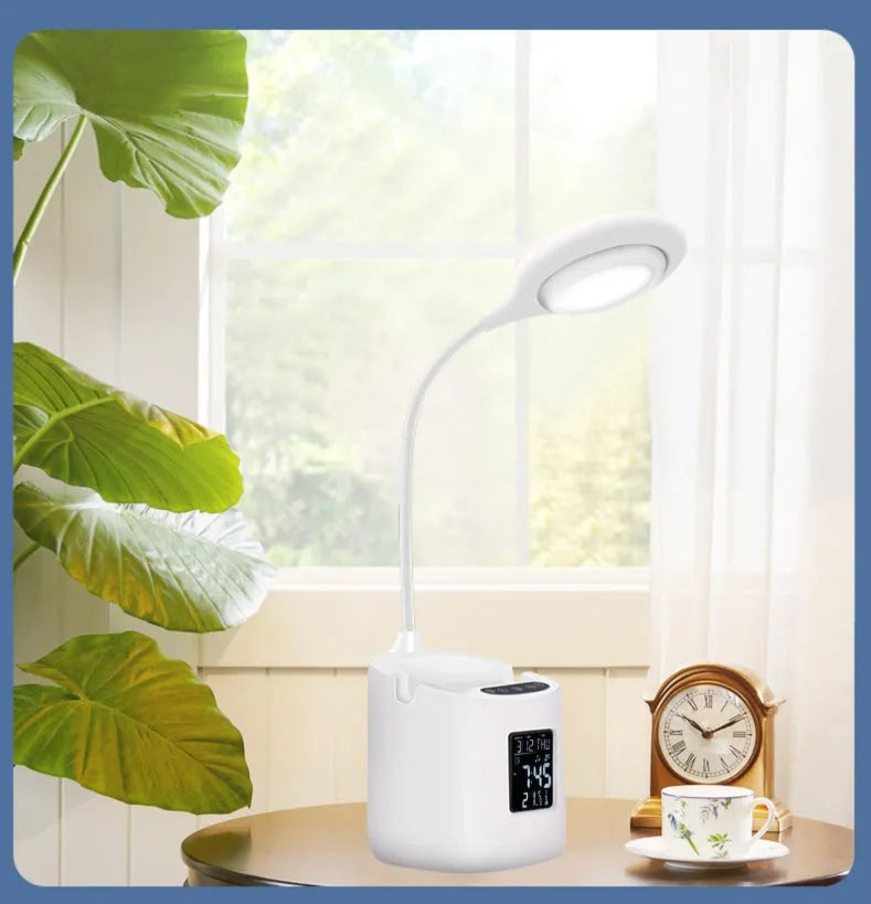 White desk lamp with eye protection features and USB power connection for study spaces
