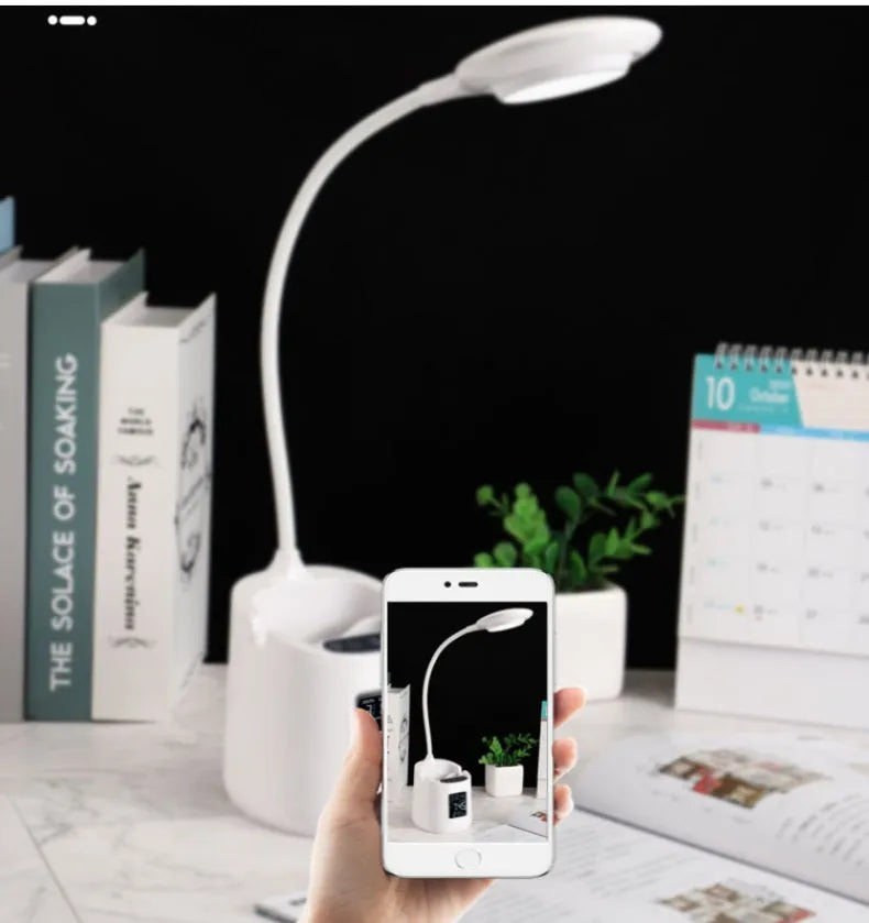 White desk lamp with eye protection features and USB power connection for study spaces