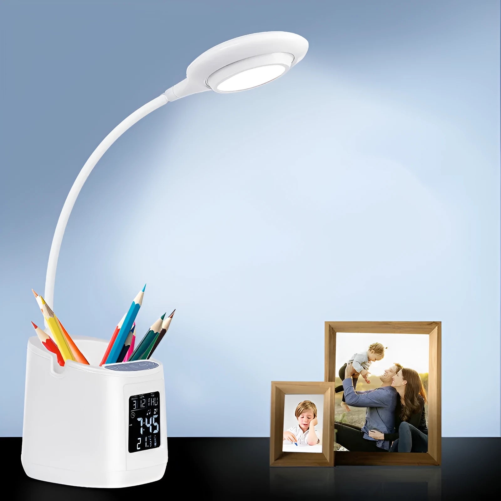 White desk lamp with eye protection features and USB power connection for study spaces