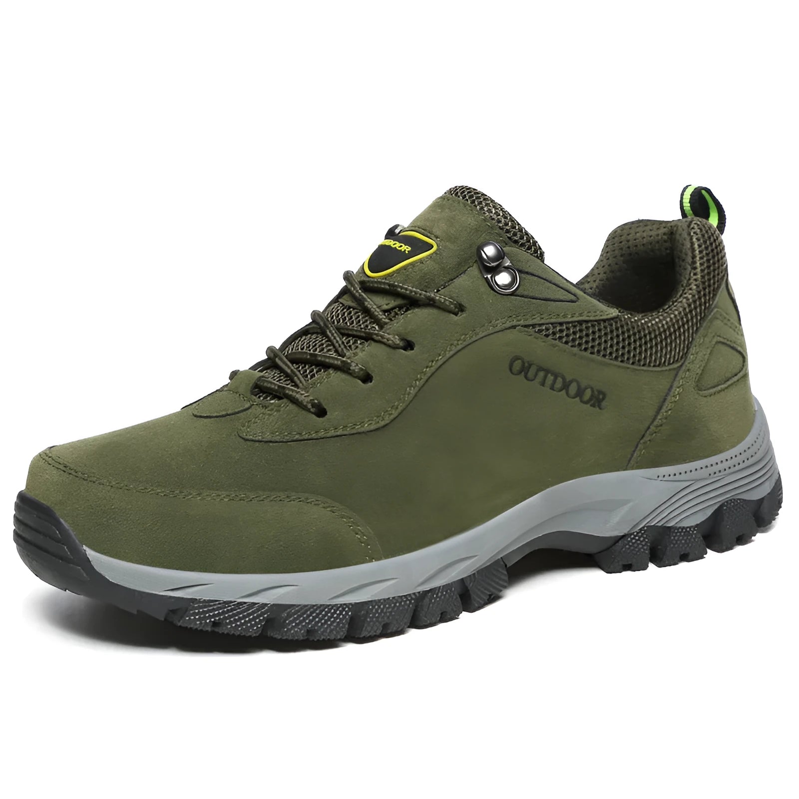 Men's outdoor hiking shoes in army green showing low-cut design with viscose rubber sole