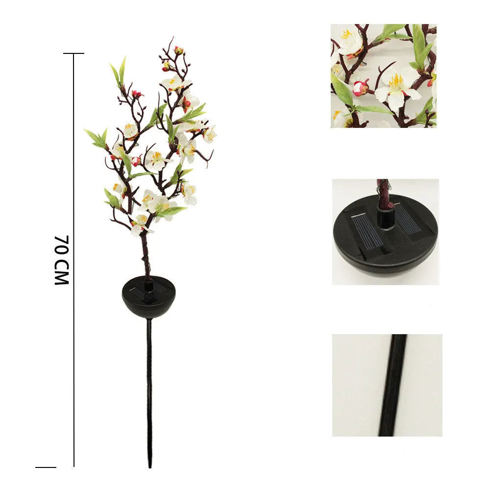 Solar-powered cherry blossom string lights with ground spike for outdoor garden decoration