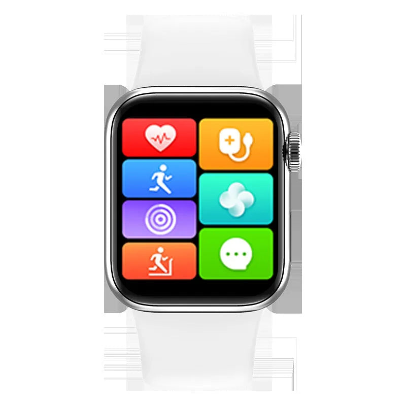 M16Plus smart watch with round zinc alloy case and touch screen on wrist strap.