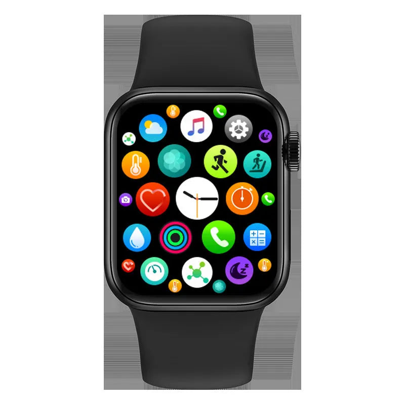 M16Plus smart watch with round zinc alloy case and touch screen on wrist strap.