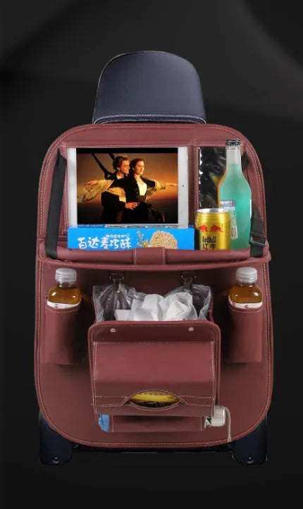 Hanging car trash bag in black leather-like material with foldable design installed on a car seat back
