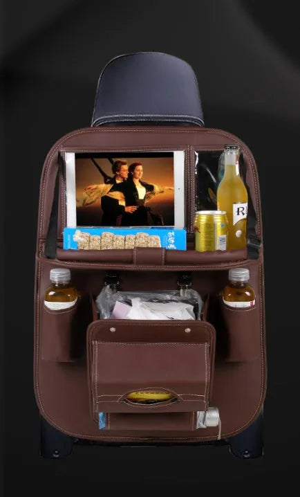 Hanging car trash bag in black leather-like material with foldable design installed on a car seat back