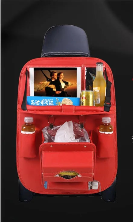 Hanging car trash bag in black leather-like material with foldable design installed on a car seat back