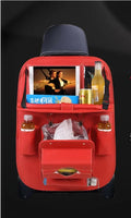 Hanging car trash bag in black leather-like material with foldable design installed on a car seat back