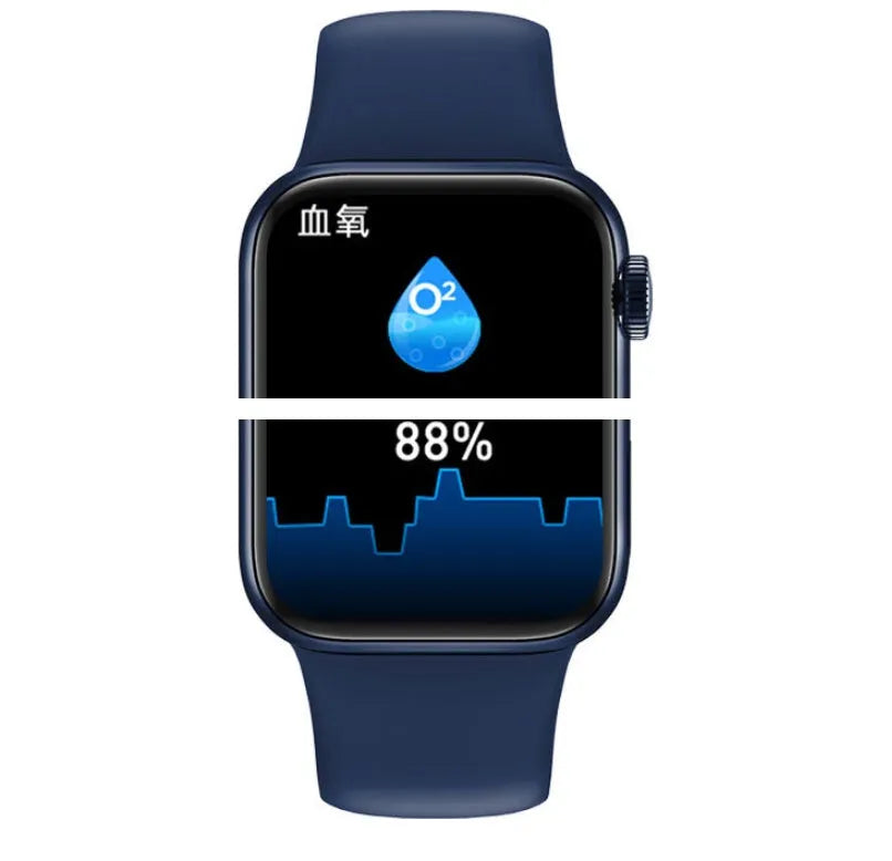 M16Plus smart watch with round zinc alloy case and touch screen on wrist strap.