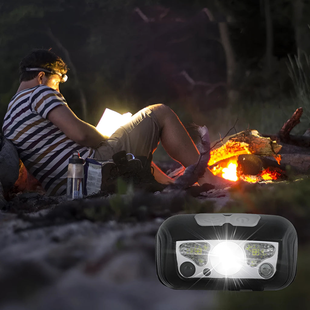 Black or blue LED sensor headlight with red running lights, shown with USB charging cable.