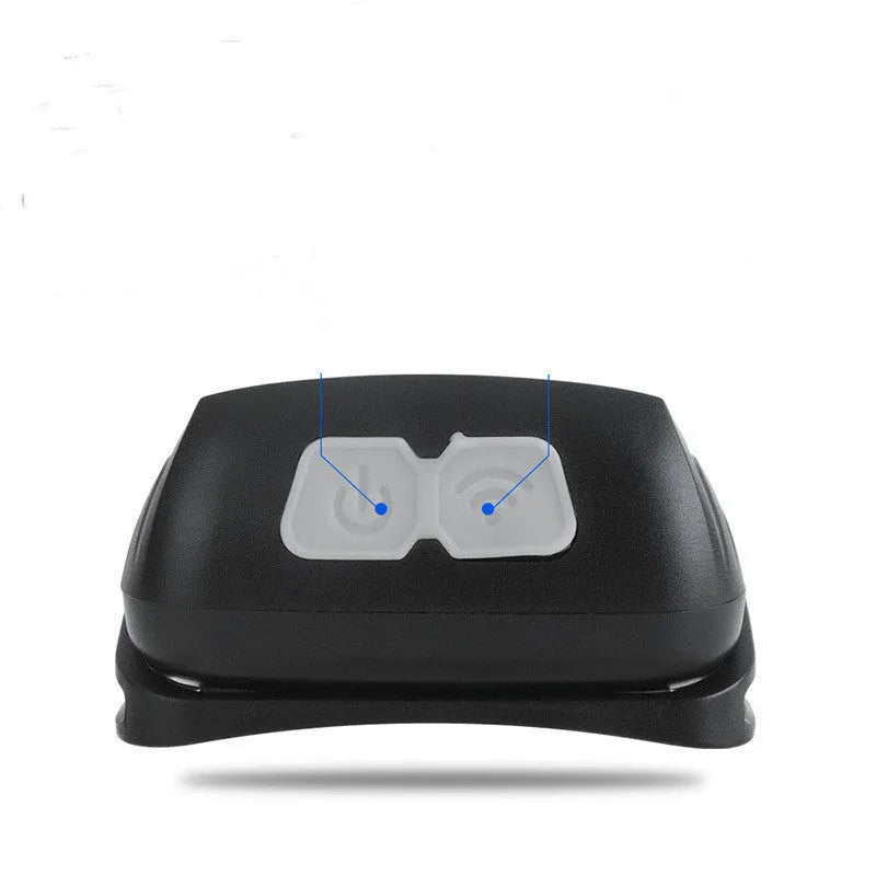Black or blue LED sensor headlight with red running lights, shown with USB charging cable.