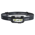 Black or blue LED sensor headlight with red running lights, shown with USB charging cable.