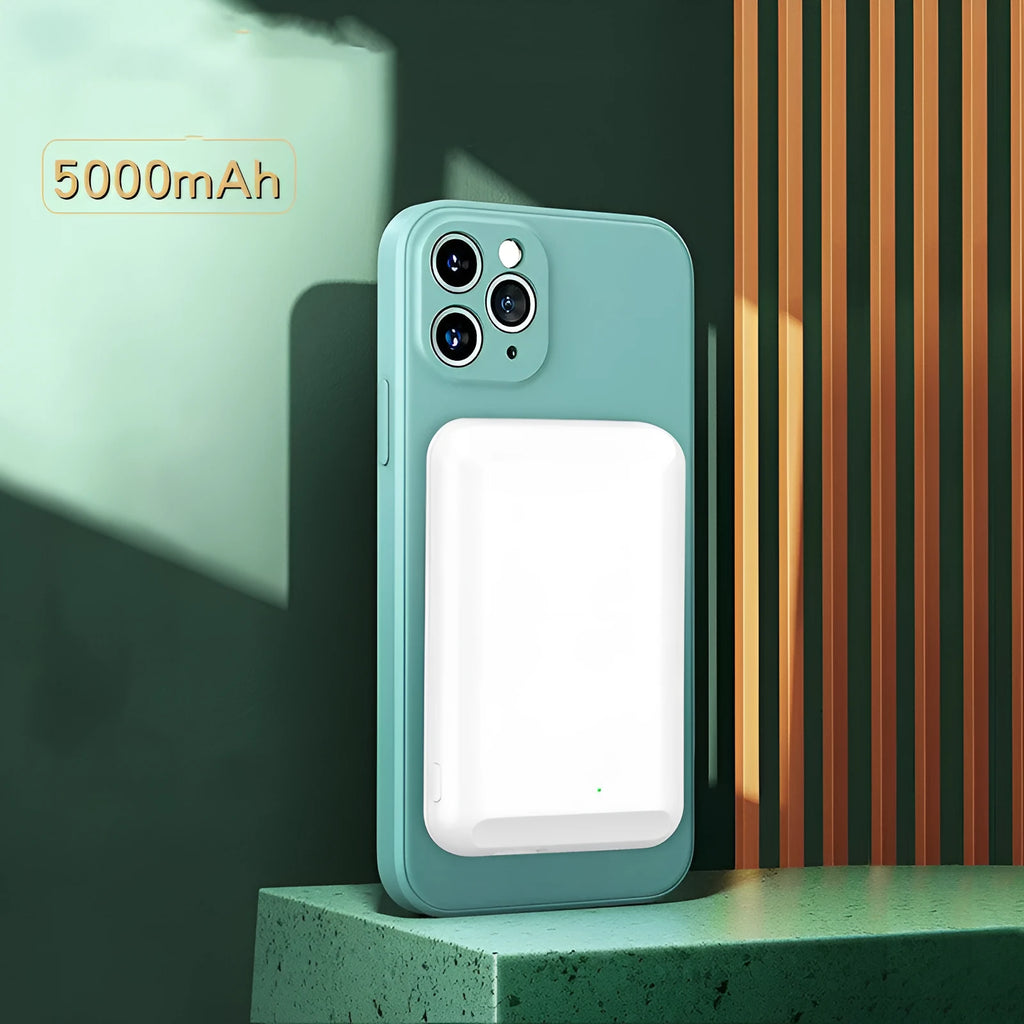 Magnetic wireless power bank in multiple colours showing 5000mAh capacity and plastic casing