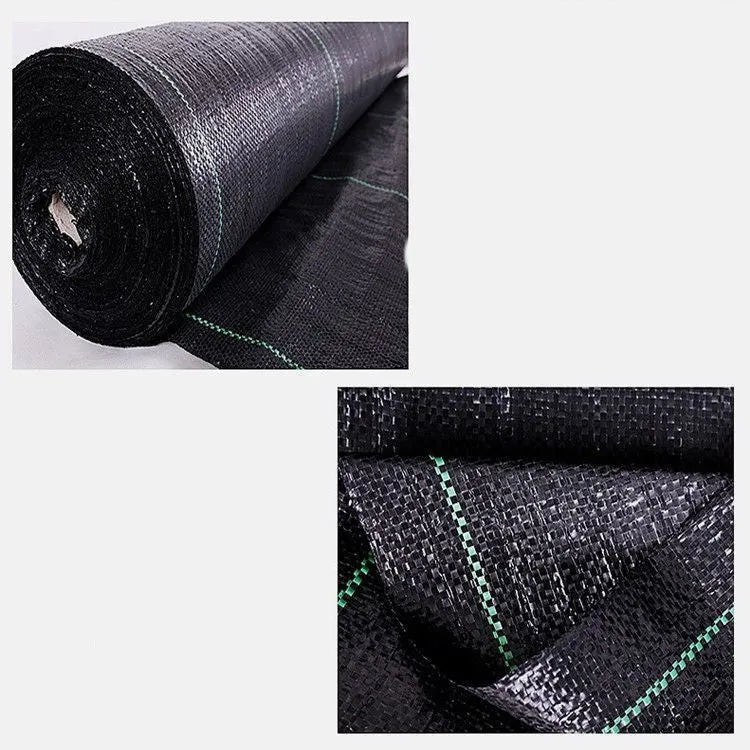 Black polyethylene weed-proof cloth laid on soil for farmland and garden weed suppression.