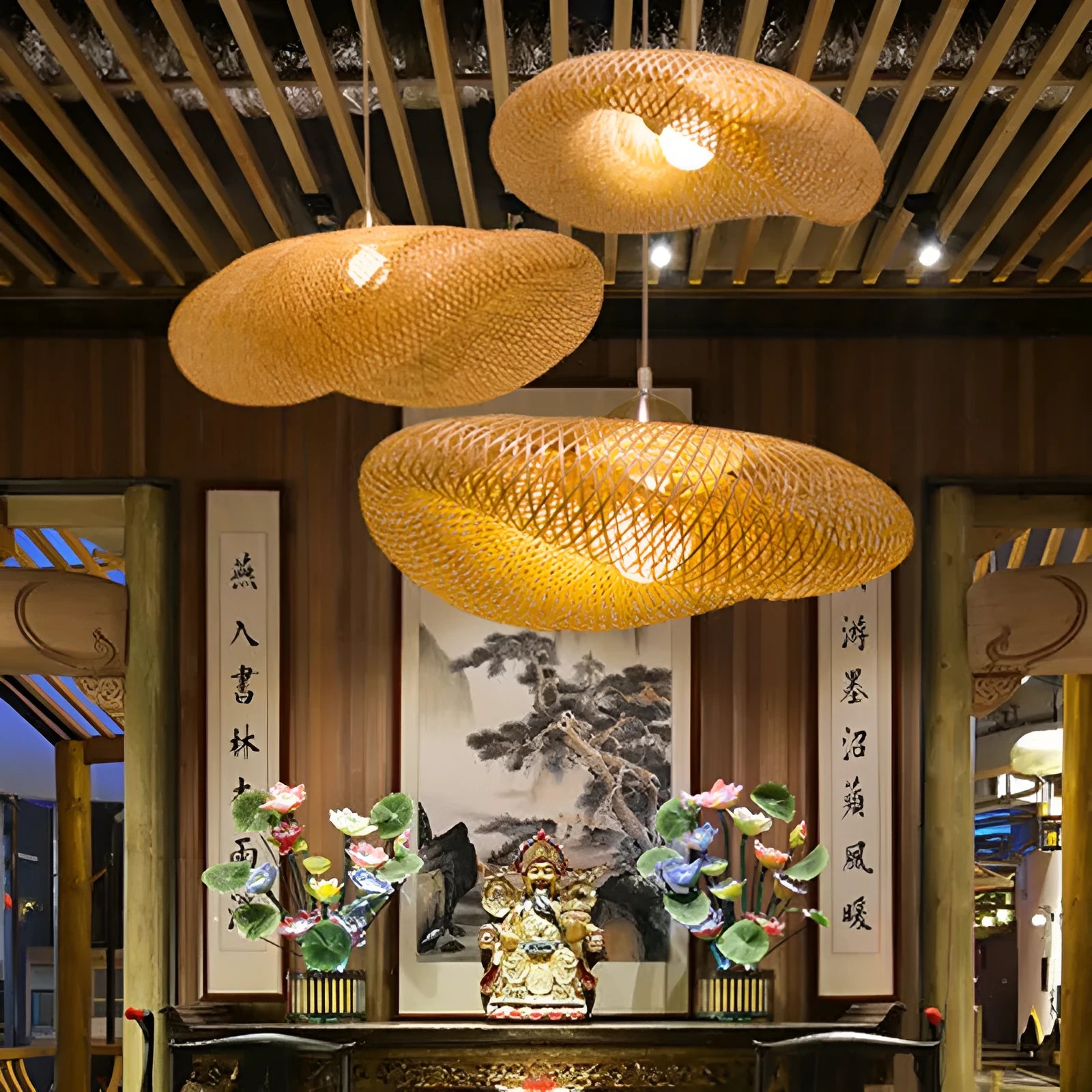 40cm diameter bamboo Chinese Zen chandelier for tea room lighting with traditional natural construction