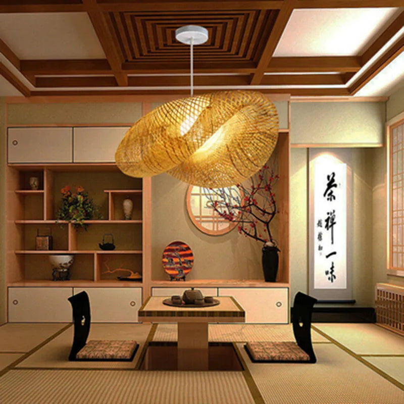 40cm diameter bamboo Chinese Zen chandelier for tea room lighting with traditional natural construction