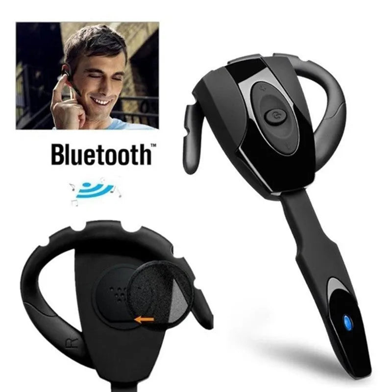Single ear Bluetooth business headset in black hanging over ear, showing microphone boom.