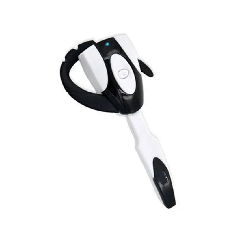 Single ear Bluetooth business headset in black hanging over ear, showing microphone boom.